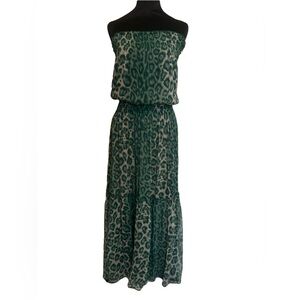 Green Leopard Print Strapless Maxi Sundress